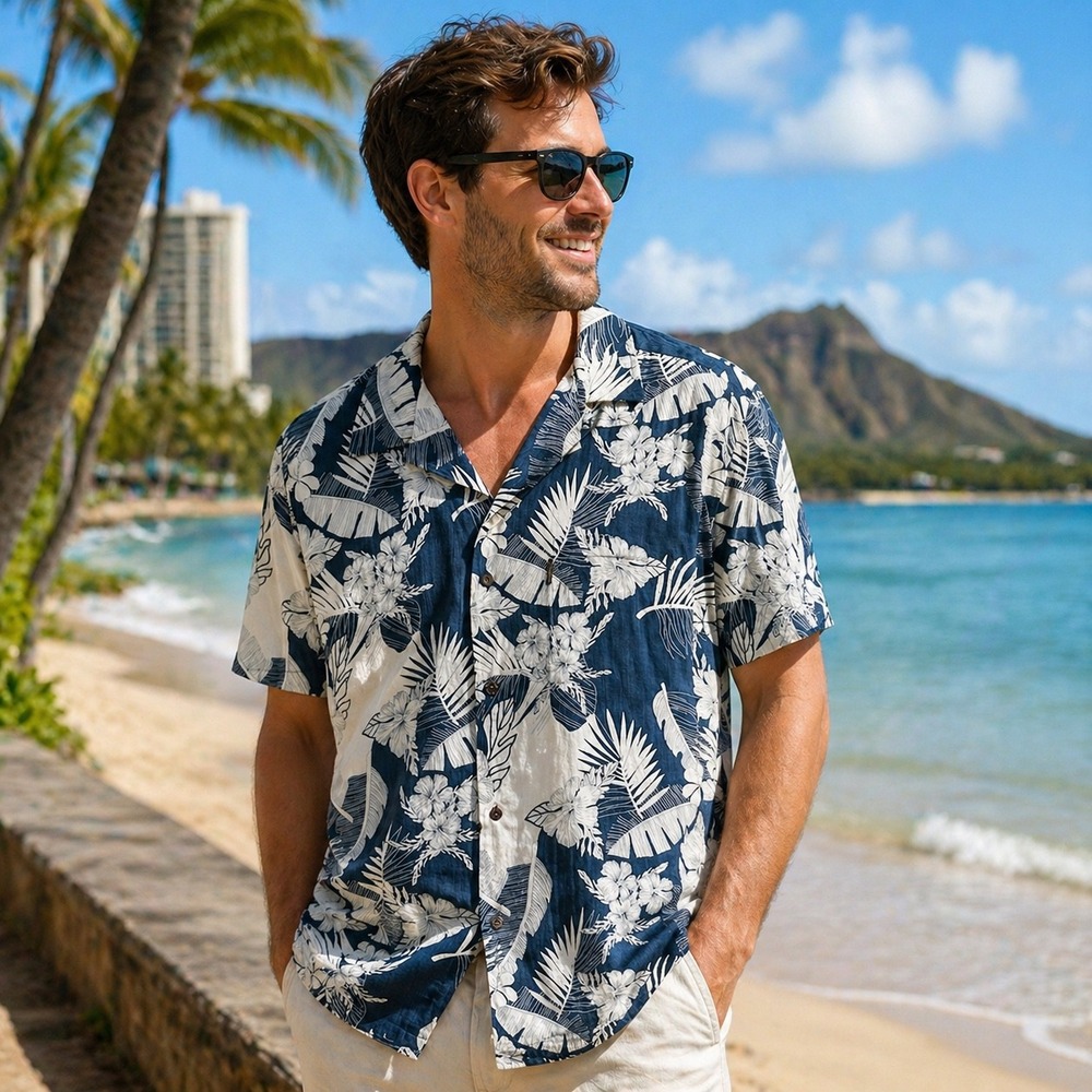 Palmwave Hawaii Mens XL Hawaiian‎ Shirt Navy Blue White Tropical Floral Dadcore